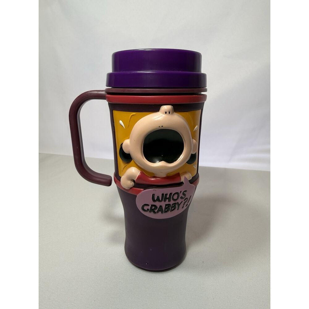 VINTAGE Peanuts APPLAUSE PLASTIC Lucy Who’s Crabby Double Sided Travel Mug